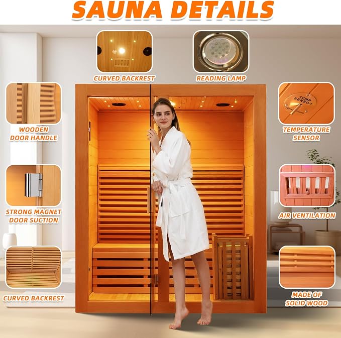ZONEMEL Wooden Steam Sauna Room, 2 Person Canadian Red Cedar Luxurious Indoor Sauna with 3.5 KW Harvia Stove Heater, Bluetooth Speaker, Sauna Stone, Wooden Bucket, Scoop, Reading Light, 220V