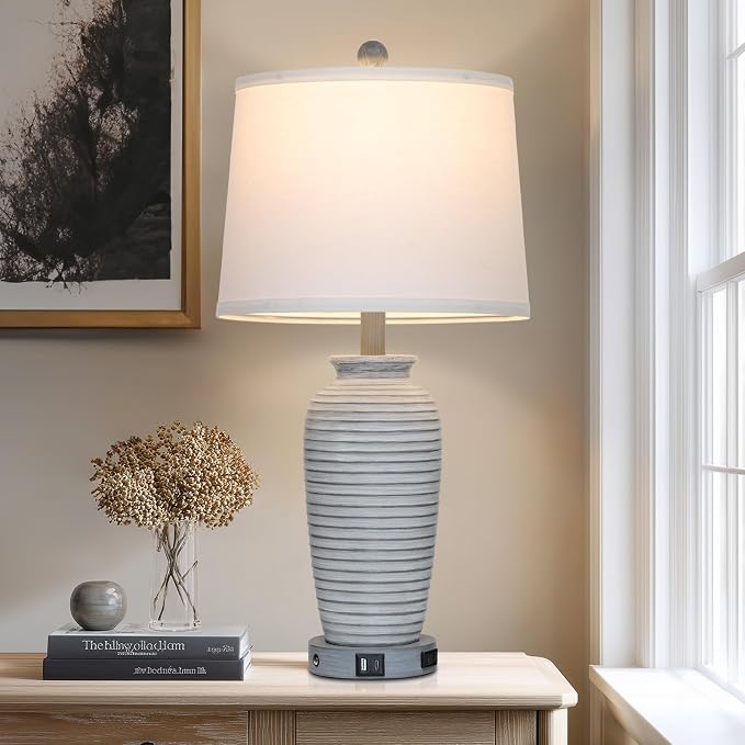 CINSARY 25" Vintage Farmhouse Jar Table Lamps, Single Rustic Bedside Lamp with USB A+C Ports & AC Outlet, Nightstand Lamps for Living Room, Bedroom, End Table, Grey White(LED Bulb Included)