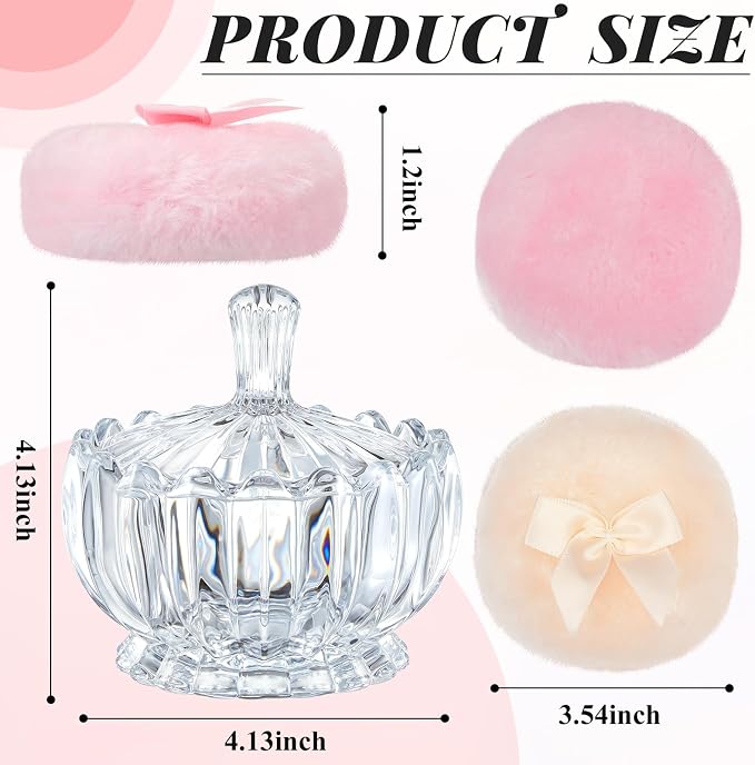 Tioncy 3 Pcs Large Body Powder Puff and Container Powder Container with Puff Powder Puff Crystal Container Soft Washable Reusable Velour Face Body Glitter Powder Puff Wet Dry Makeup(Clear,Cute)