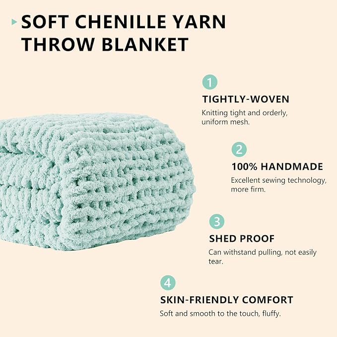L'AGRATY Chunky Knit Throw Blanket for Couch, 60 x 80 Inches, Mint Green | Handmade Chenille Crochet Blanket for Sofa Bed, Thick Cable Knitted Blankets for Room Home Decor, Birthday Gift for Women Mom