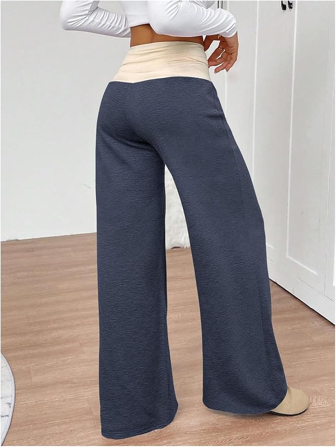 SOLY HUX Women's Sweatpants Color Block Low Rise Fold Over Waist Baggy Wide Leg Pants