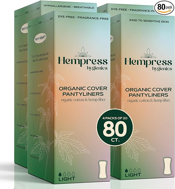 Hempress Panty Liners for Women, Organic Pads for Feminine Care, Light Absorbency, Ultra Thin and Comfortable Menstrual Liners, Breathable Cotton, Fragrance Free & Gentle on Sensitive Skin (80 Count)