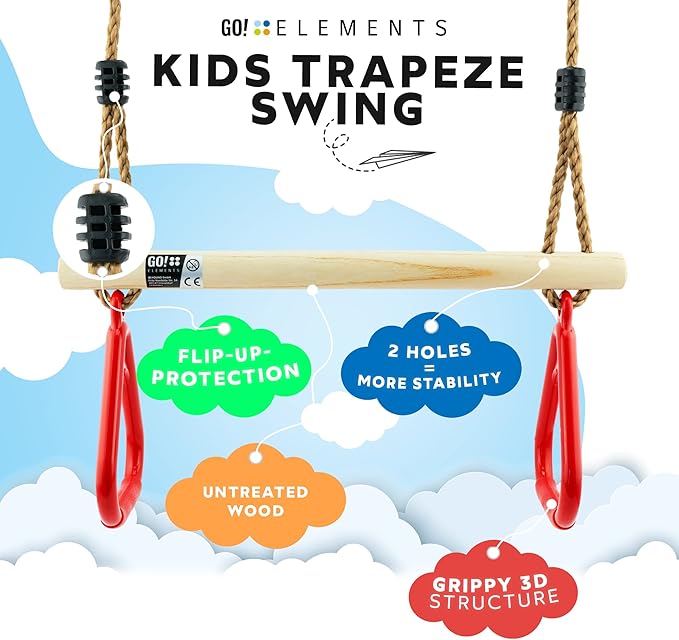 Trapeze Swing Bar for Kids Indoor & Outdoor | Adjustable Trapeze Bar with Rings for Swing Set | Hanging Gymnastics Bar for Monkey Bars, Ninja Course & Play Set