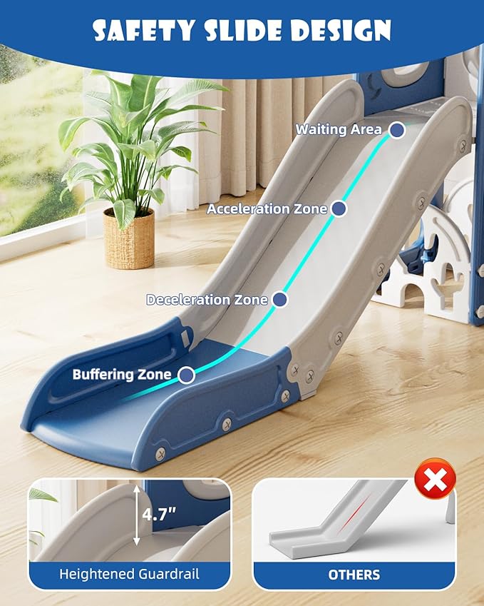 YUFU 7 in 1 Kids Slide for Toddlers, Toddler Slide Playset with Golf, Climber, Basketball Hoop and Ball, Indoor Outdoor Toddler Playground for Kids Age 1-3 (Blue)