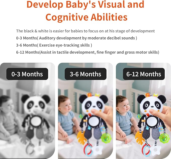 High Contrast Baby Toys,Black and White Hanging Toys,Animal Plush Hanging Toy,Car Seat Stroller Toys Gift for Newborn Boys and Girls 0 3 6 9 12 Months