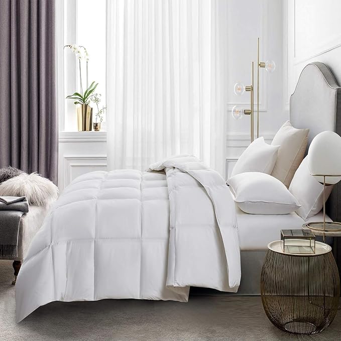 Serta Goose Feather Down Fiber Cotton Comforter Queen Size - 100% Cotton Duvet Insert - Hotel Luxury Hypoallergenic Bedding Comforter All Season Medium Warmth 90 x 90 Inch White,(Pack of 4)