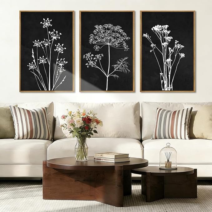 BINCUE Framed Botanical Wall Art Black Grey and White Plant Floral Print Canvas for Living Room Bedroom Office 3 Panel 16x24 Inches
