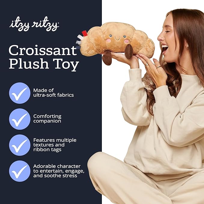 Itzy Ritzy Snuggles Plush Toy – Soft Stuffed Animal for Babies, Kids & Adults – Sensory Ribbons & Textured Fabrics for Tactile Play – Cozy & Cuddly Companion for Newborns & Up (Croissant)