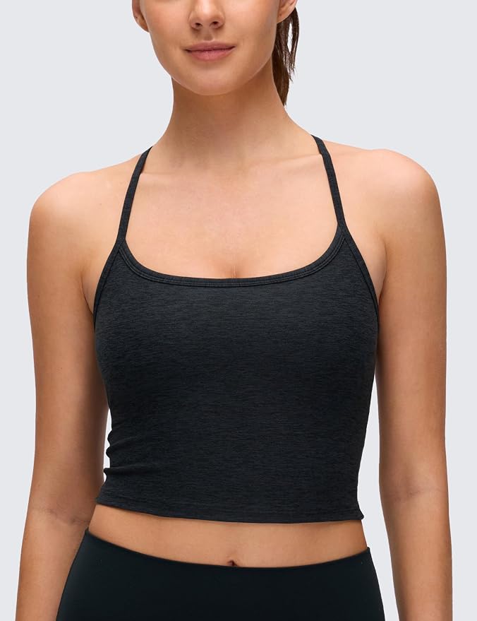 CRZ YOGA Cut-Out Y Back Crop Tank Tops for Women - Scoop Neck Spaghetti Strap Racerback Yoga Longline Sports Bra Non Padded