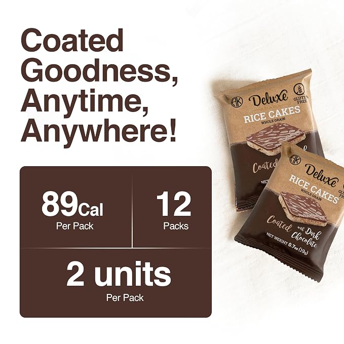Deluxe & Bla Bla Chocolate Covered Rice Cakes 12 Pack – Whole Grain, Gluten-Free, Kosher, Low-Calorie Snack – Coated with Dark Chocolate – Healthy & Crunchy Treat – Individually Wrapped, (19g Each)