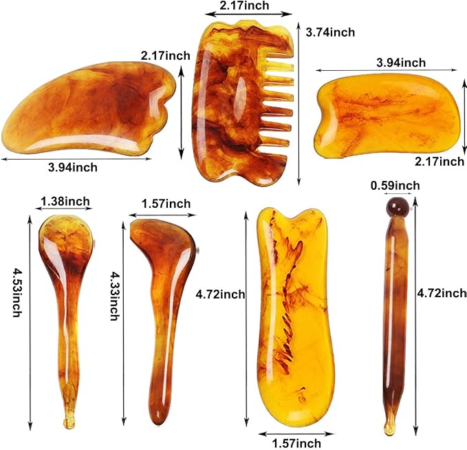 7 Pack Gua Sha Scraping Massage Facial Tools Kit, ResinGuasha Scraper Board Health Care Beauty Scrape Plate with Flax Bag for Face Body Leg Back Care Physical Acupuncture Deep Tissue Therapy (Amber)