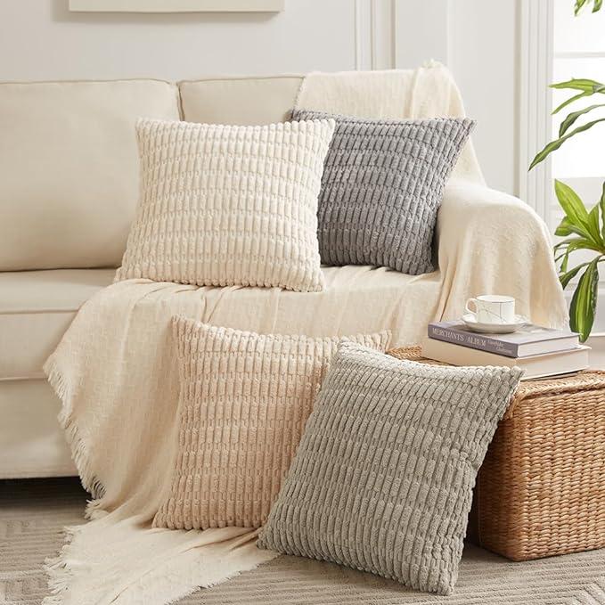 Fancy Homi 4 Packs Decorative Throw Pillow Covers for Living Room Couch Bed, Modern Farmhouse Boho Home Décor Accent Cushion Case, 18" x 18", Cream