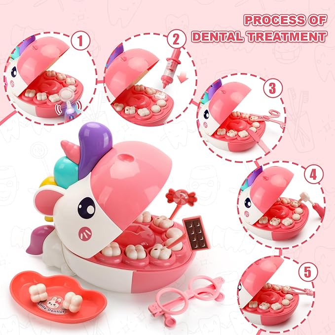 ORANGE OCEAN 34 PCS Dentist Play Set for Girls Kids, Pretend Play Doctor Kit for Kids Toddlers Ages 2-4 3-5, Kid Dentist Play Doctor Set with Light & Sound, Toys Gifts for 3 4 5 Year Old Girls Boys