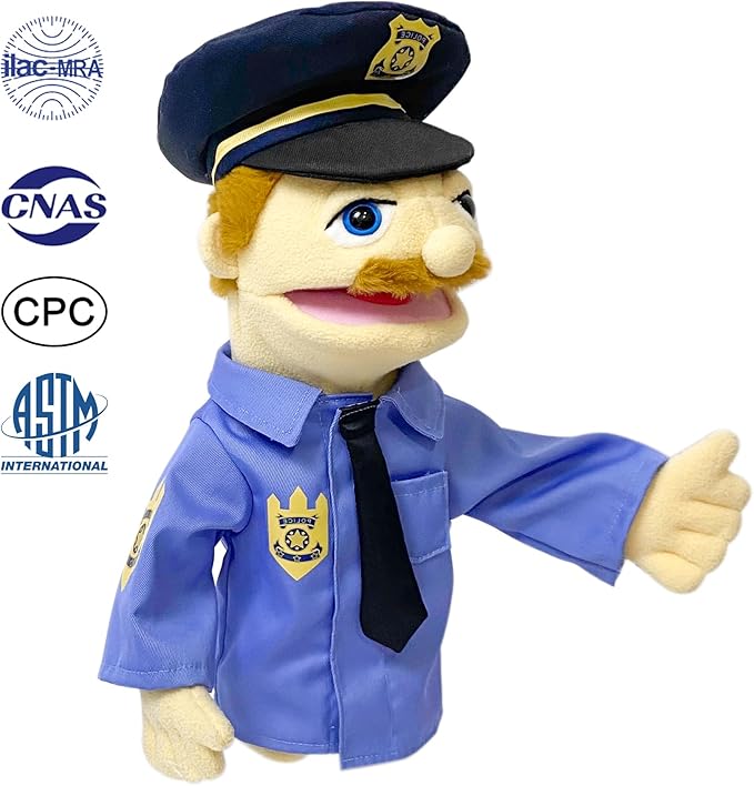 16"Puppets Entriloquist Puppet,Hand Puppets for Kids Plush Policeman Puppets for Adults with Removable Mouth Puppe t for Kids Ages 4-8，Hand Puppet for Adults with Scalable Pupp et Control Rod
