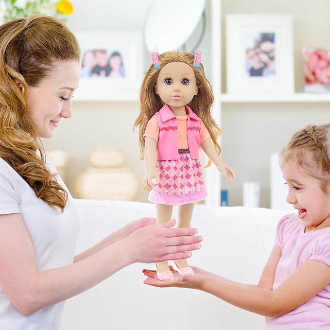 18 Inch Girl Doll Playset with Doll Clothes and Accessories Including 18 Inch Doll Jacket T-Shirt Skirt Shoes backbag Hairband for Little Girl