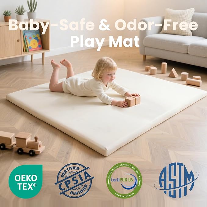 Huloo Sleep Baby Play Mat 50x50 Inches, 1.3" Thick Padded Waterproof Floor Cushion & Playpen Mat with Vegan Leather, Non-Slip & Non-Toxic Nursery Rug for Infants, Toddlers & Kids(Cream)