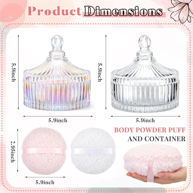 Tioncy 2 Set Extra Large Body Powder Puff and Container, 6'' Washable Vintage Decorative Crystal Powder & Container Gift for Bathroom Counter & Feminine Vanity Decor(Classic,Dazzling and Clear)