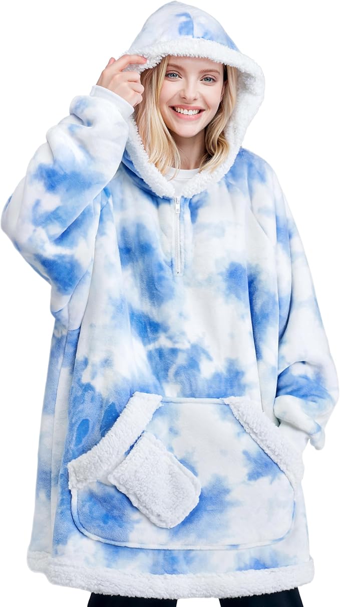 Giggling Getup Wearable Blanket Hoodie for Adults Gifts for Teen Girls Sister Women Sherpa Fleece Printed Hooded Blanket Sweatshirt Warm Cozy with Pocket & Sleeves Light Blue Tie Dye