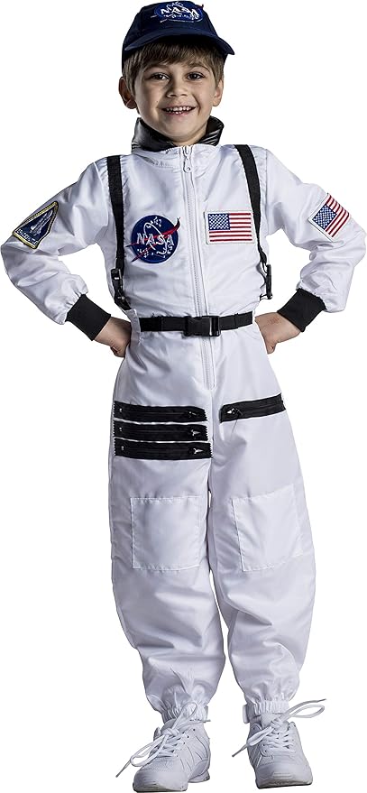 Dress Up America Kids NASA Astronaut Costume – Orange Space Suit with Cap – Realistic Halloween & Dress-Up Outfit
