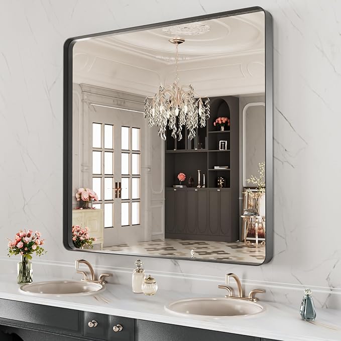 LOAAO 28X32 Inch Black Metal Framed Bathroom Mirror for Wall | Matte Black, Anti-Rust, Hangs Horizontally or Vertically
