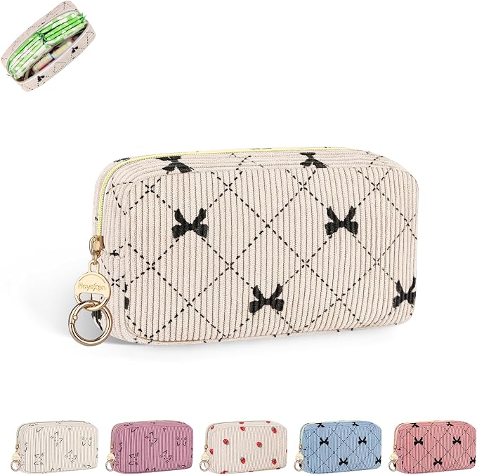 Corduroy Tampon Holder for Purse, Cute Period Bag with Ring Buckle, Portable Tampon Bag Organizer Case for Feminine Products (Bow-Beige)