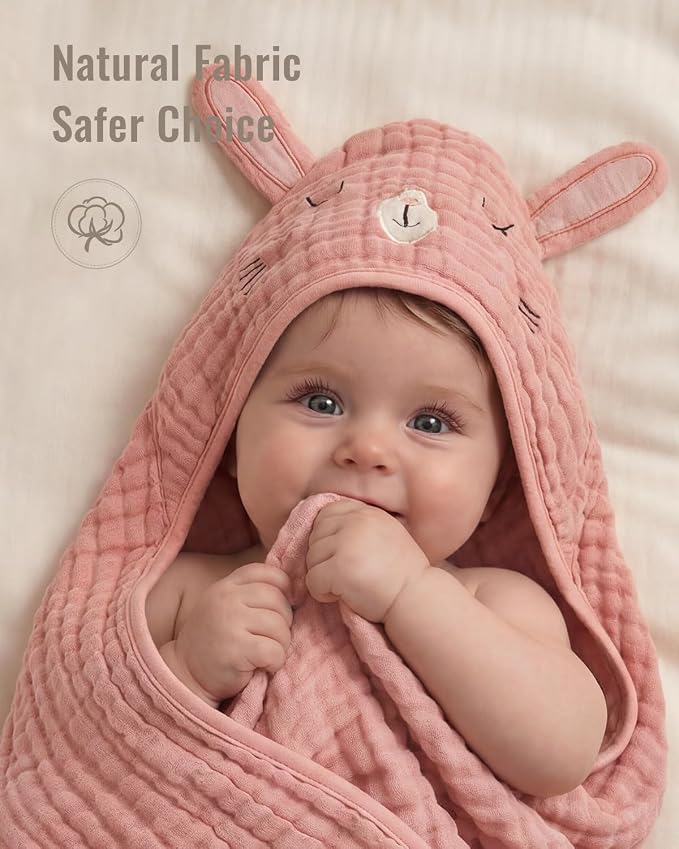Blissful Diary Muslin Baby Hooded Towel 2 Pack, Soft & Absorbent Bath Towel for Infant, Toddler, Unisex, Baby Gift, Newborn Essentials, Wise Elephant & Sweet Bunny