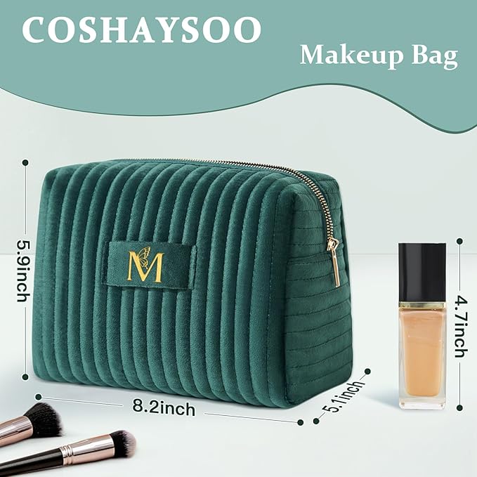 COSHAYSOO Personalized Easter Basket Stuffers Gifts for Women Initial Make Up Bags Monogrammed 30th 40th Birthday Gift Unique for Her Mom Friend, Green Velvet Makeup Bag Travel Cosmetic Pouch Letter M