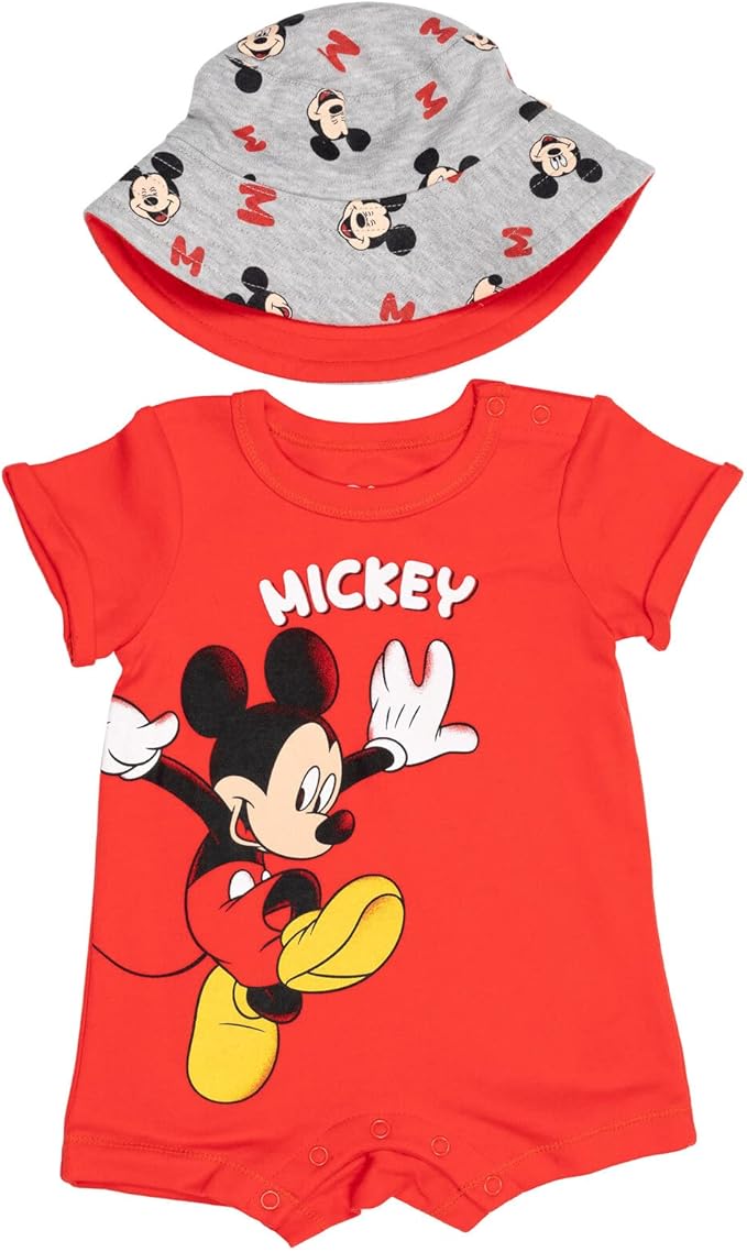 Disney Baby Romper and Reversible Bucket Sun Hat Outfit Set Newborn to Infant Sizes (Newborn - 24 Months)