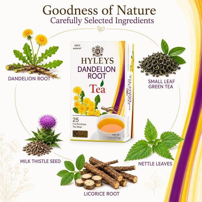 Hyleys Dandelion Root & Green Tea with Milk Thistle and Licorice Root - Herbal Detox Blend - 25 Tea Bags