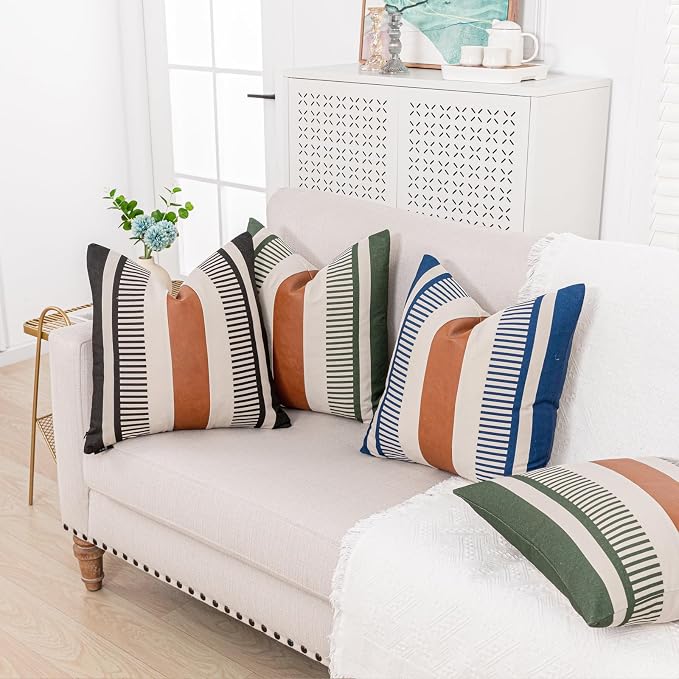 2 Pack 20x20 Pillow Covers - Brown Faux Leather & Olive Green Striped Soft Cotton, Same Pattern Both Sides | for Couch Sofa Bed, Farmhouse Industrial Decor
