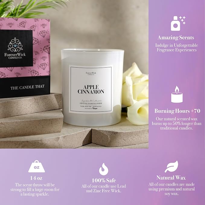 Apple Cinnamon Surprise Candle with Diamond Inside | Foreverwick Candles | Scented Soy Candles Gifts for Women Aromatherapy Candle Wax | Romance Candles All-Natural Organic Soy Candle 14oz | 70h