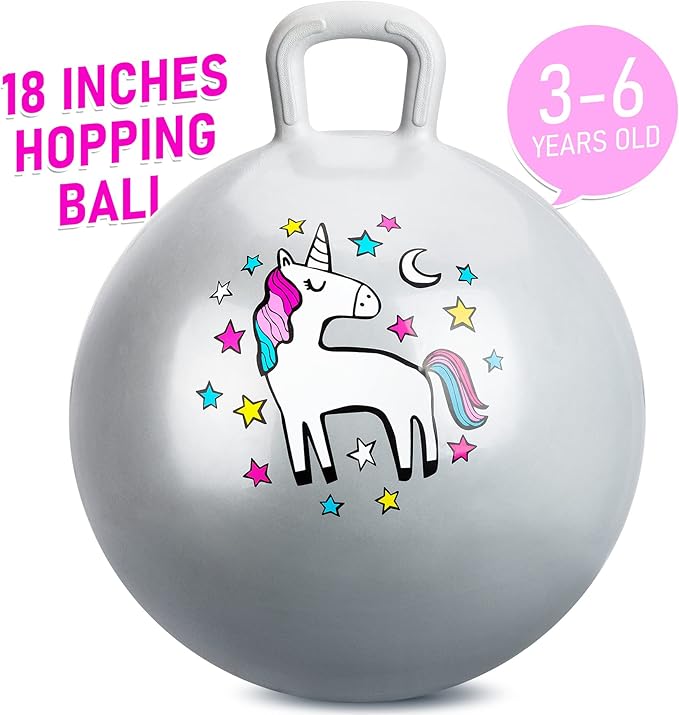 U&C Planet Hopper Ball 18 inches Bouncy Ball with Handle for Kids Age 3-6 Hoppity Hop Sit and Bounce Jumping Hopping with Pump and Gift Box Great Gift for Birthday Christmas, Silver