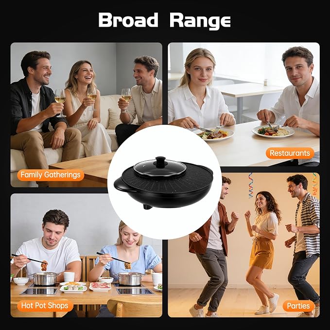 2 in 1 Electric Grill Pan and Hot Pot, Circular Indoor Shabu-shabu Hotpot Korean BBQ Grill,110V Large Capacity Baking Tray Nonstick Coating, Adjustable Temperature, for Family Gatherings & Home Use