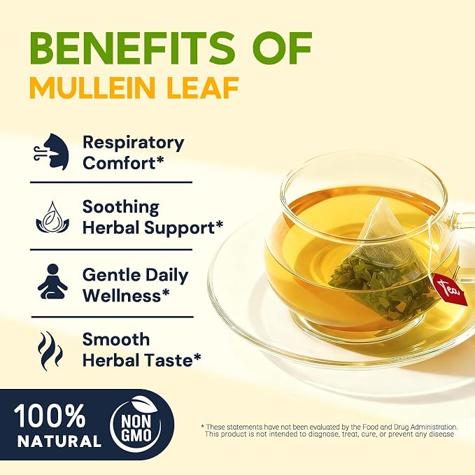 Mullein Leaf Tea Bags for Lung Support, 20 Tea Bags, Herbal Tea from Mullein Leaves, Caffeine Free, No Sugar