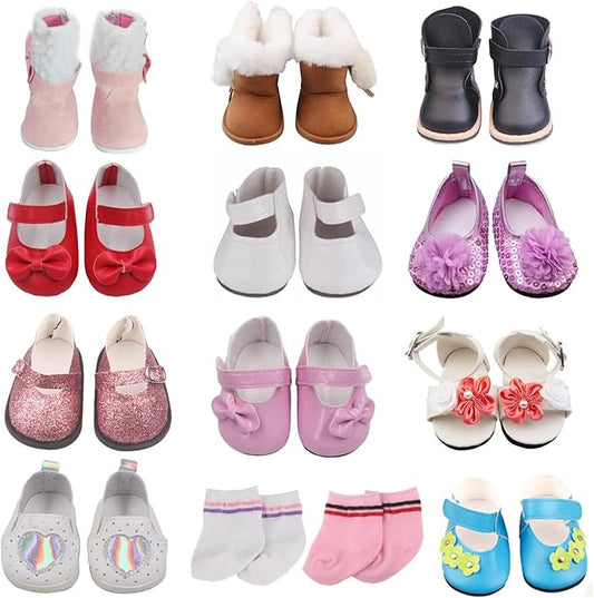 Doll Shoes for 18 Inch American Dolls, Includes 7 Doll Shoes ( Random from 20 ) and 2 Doll Socks, Fashion Princess Shoes Boots Leather Shoes Canvas Sneaker, Gifts for Little Kids