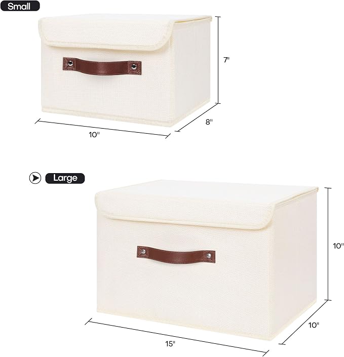 ANMINY Fabric Storage Box Bins with Lids, Beige, 15"x10"x10", 2 Pack | Keepsake Memory Storage, Cotton Linen, PP Board Reinforced, Washable, PU Handles, Foldable & Stackable, Decorative, Large