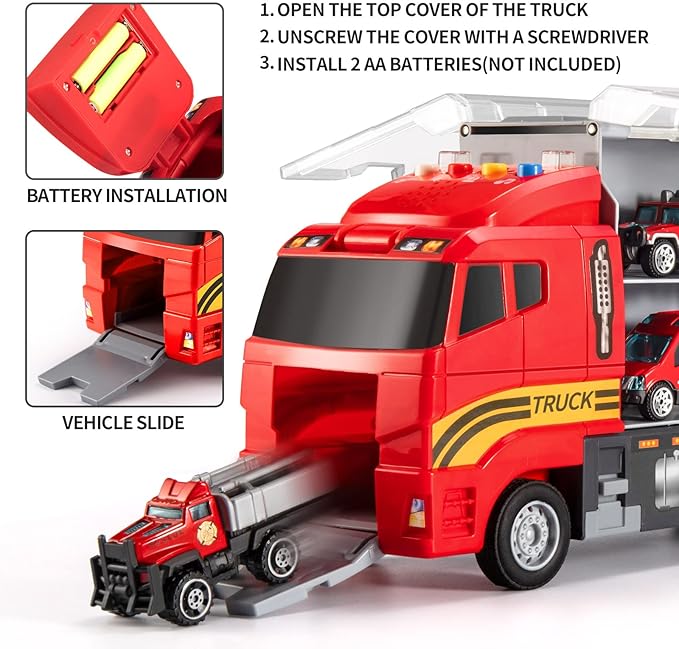 Toddler Toys for 3-9 Years Old Boys Die-cast Emergency Fire Rescue Vehicle Double Side Transport Car Toy Set W/Play Mat, Alloy Metal Fire Truck Gifts for Age 3 4 5 6 Kids Boys Girls Birthday Party