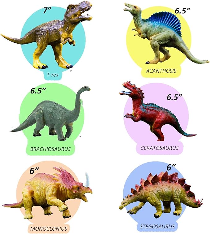 OuMuaMua Dinosaur Toys, Plastic Dinosaur Figure Set, Ideal Education Toys for Kids and Toddler, Including T-Rex, Stegosaurus, Monoclonius, 6 to 7 Inch Large Size, 6 Pack