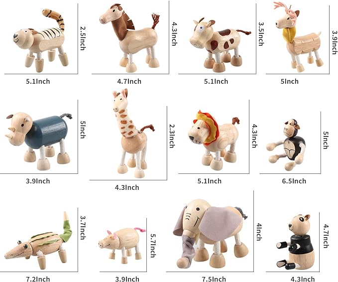12PCS Bendable Wooden Animal Toys, Fun and Posable Animal Toys for Early Education, Smooth Natural Wood, Safari Farm Wood Animals Learning Toy for Kids