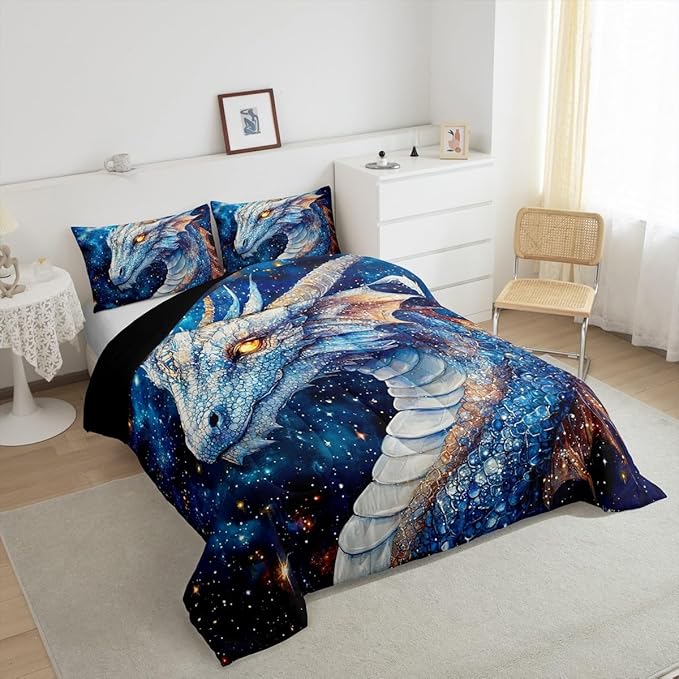 Feelyou Dragon Comforter Set King Size Dragon Stuff Comforter for Boys Girls Teens Wild Life Bedding Set Dragon Decor Duvet Set Room Decor Blue Quilt Set