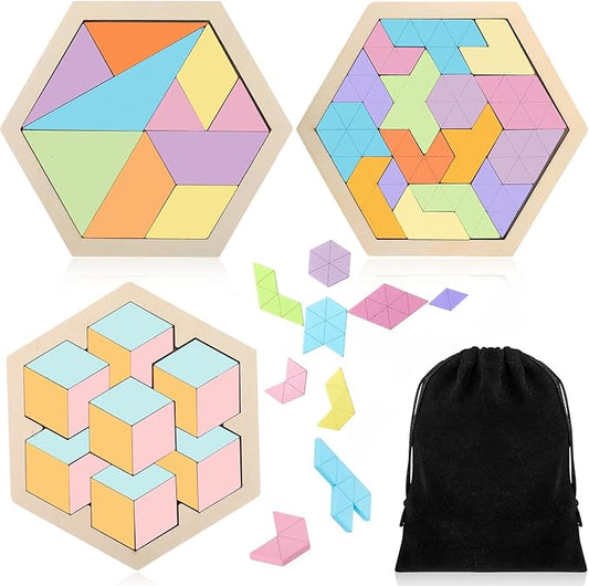 Yunsailing 3 Pack Hexagon Tangram Puzzle Wooden Brain Puzzles with Storage Bag Challenge Wood Russian Blocks Brain Teasers Geometric Jigsaw Block Logic Iq Stem for Family Party Gift