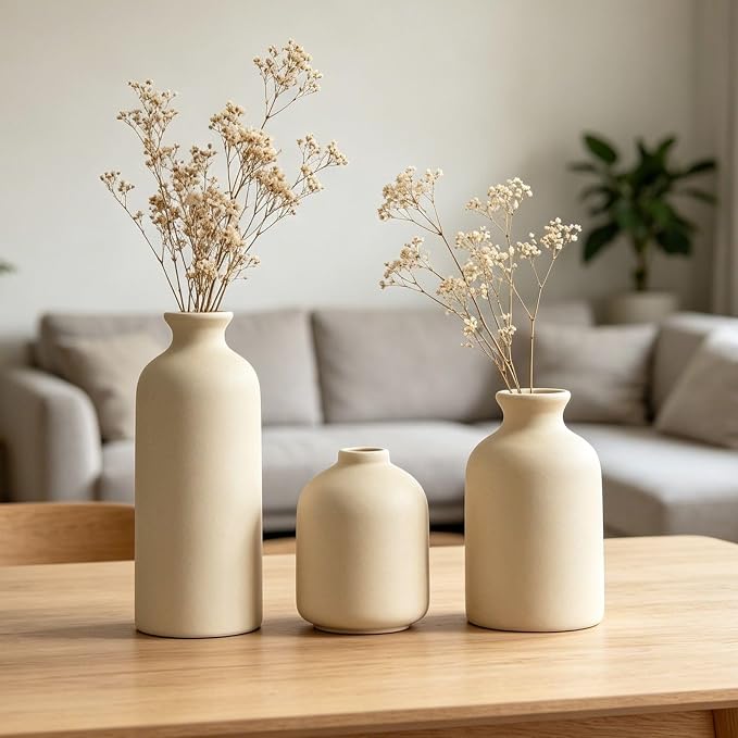 Small Ceramic Vase Set of 3,Modern Boho Farmhouse Flowers Vases | Decorative Vase for Dried Flowers,Pampas Grass,Home Decor,Shelf,Bathroom,Centerpiece for Entryway Table Distressed