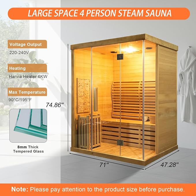 Smartmak Wood Home Traditional Steam Sauna, WiFi Control 4 Person Luxurious Indoor Canadian Hemlock Wooden Spa Room, with 6 kw Heater, Backrest, Bluetooth Speaker, Rocks, Water Bucket, Spoon, Lights