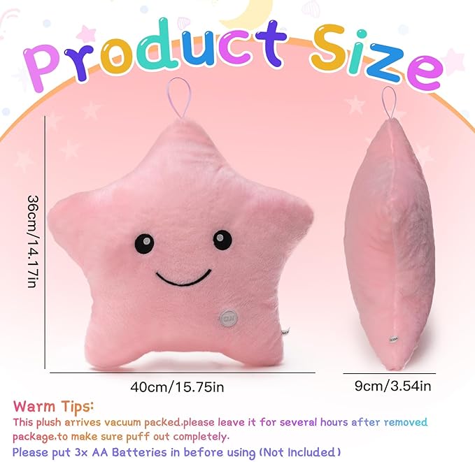 Subao Sensory Toys for Kids with Autism,14" Light Up Star Soft Plush Toddler Pillow,Autism Sensory Products,Stress Relief Kids ADHD Toys,Birthday Xmas Easter Gifts for Girls 3 4 5 6 7 8 9 10 Pink