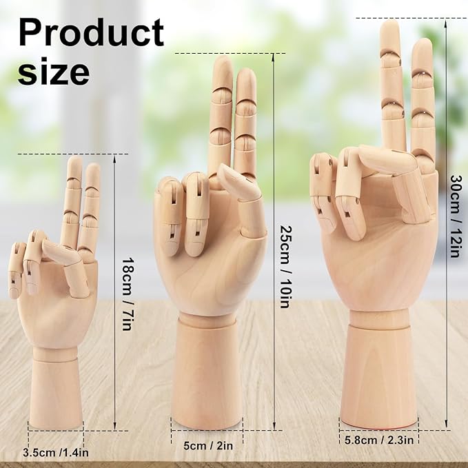 GNIEMCKIN Wooden Hand Model, 3 PCS, 12/10/7 Inches Right Hand Art Mannequin Figure with for Hand Jewelry Display, Decoration, Sketching.