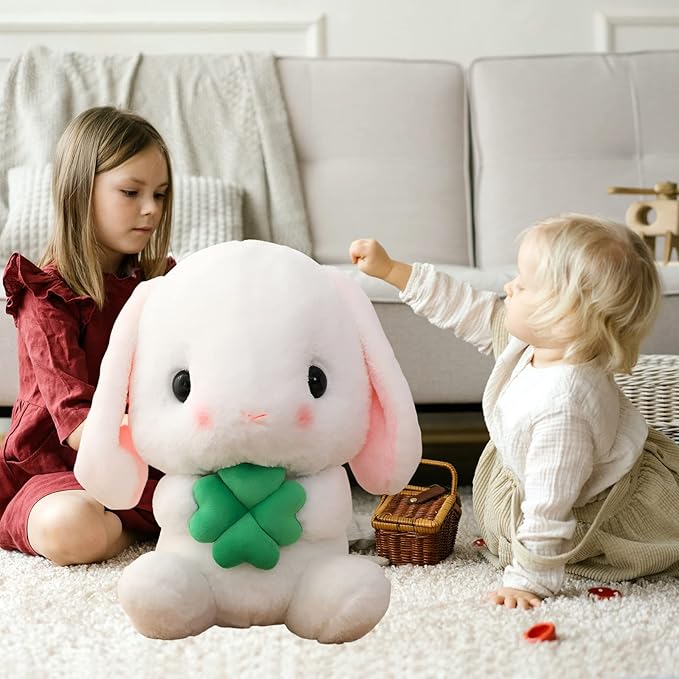 HOUPU Soft Toy - Sitting Lop Eared Rabbit, Easter White Rabbit Stuffed Bunny Animal with Carrot Soft Lovely Realistic Long-Eared Standing Pink Plush Toys (White-Four Leaf,16.9in/43cm)