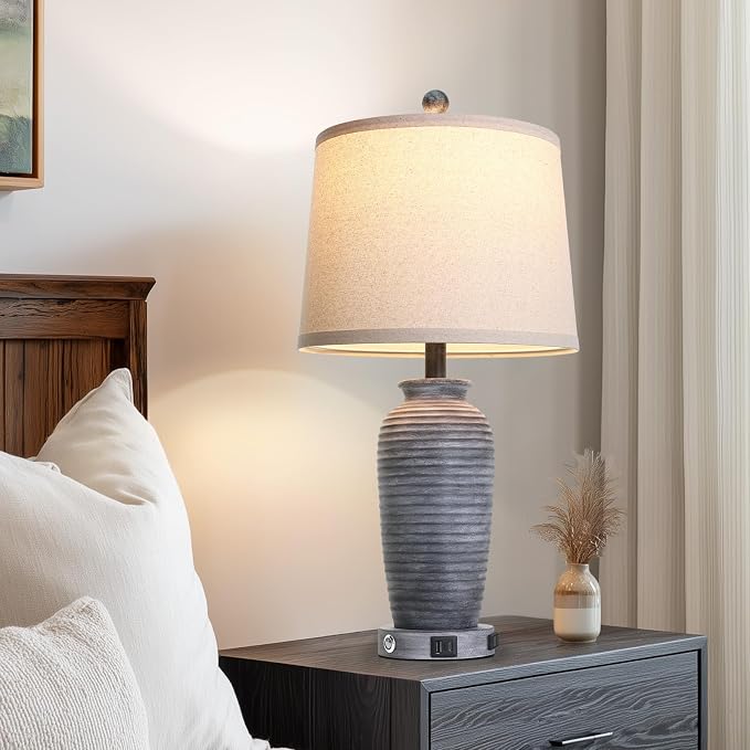 CINSARY 25" Retro Distressed Black Farmhouse Jar Table Lamps Set of 2, 3 Way Touch Control Rustic Bedside Lamps with USB A+C Ports & AC Outlet, Pot Nightstand Lamps for Bedroom Living Room