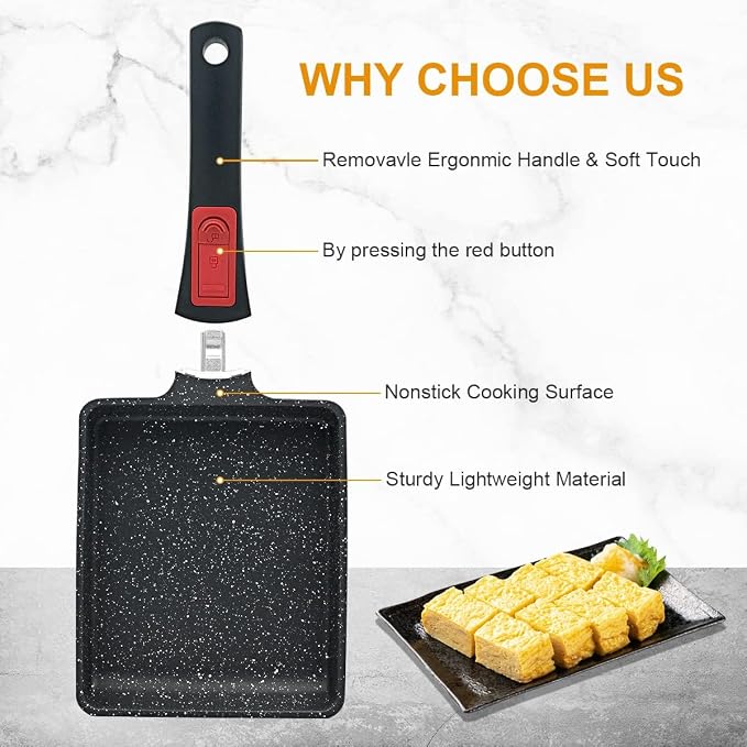 AIKENBBKK Tamagoyaki Pan, Japanese Omelette Pan Nonstick, Japanese Egg Pan, Square Egg Pan, Induction-Ready, Detachable Handle, with Silicone Spatula, PFAS & PFOA-Free, Oven Safe, Black, 7.5” x 6.3”
