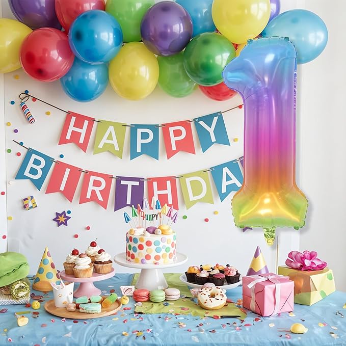 Big Number 1 Balloons, Rainbow Multicolor Foil 1 Balloon Numbers 40 Inch, Giant 1st Birthday Party Decor, Mylar Helium Self Inflating Colorful Jelly One Balloon for Girls Kids Baby Shower Decorations