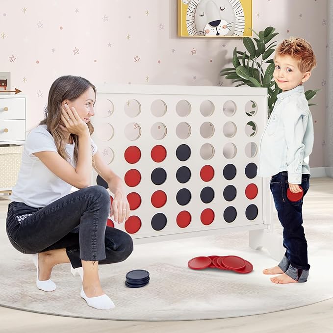 Costzon Giant 4-in-a-Row Game Set, Wooden Jumbo 4-to-Score Game with 42 PCS Chips & 600D Oxford Fabric Carrying Bag, Indoor Outdoor Line-up-4 Game for Kids & Adults, Ideal for Camping (White)
